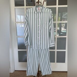 Victoria’s Secret Green White Stripe Pajama Set M Modal Cotton Button Top Pants